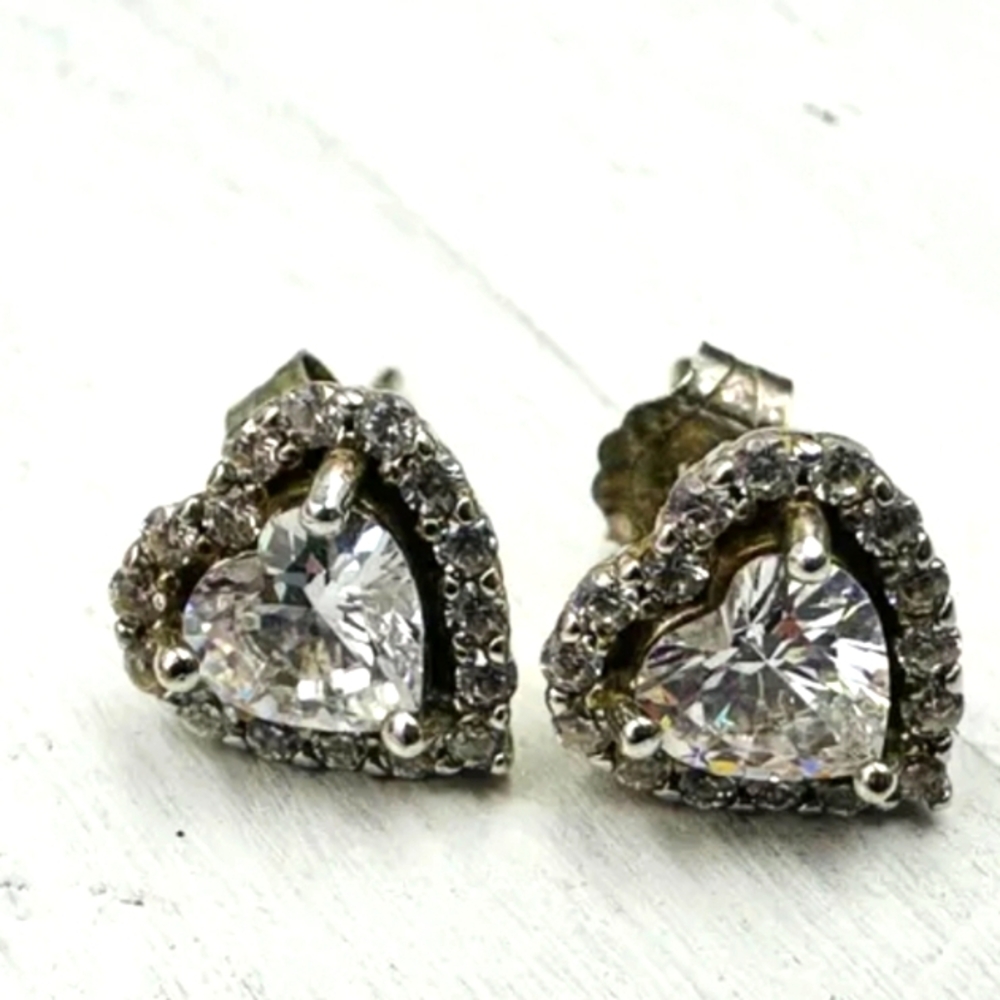 925 Sterling Silver & CZ Heart-Shaped & Round Stud Earrings